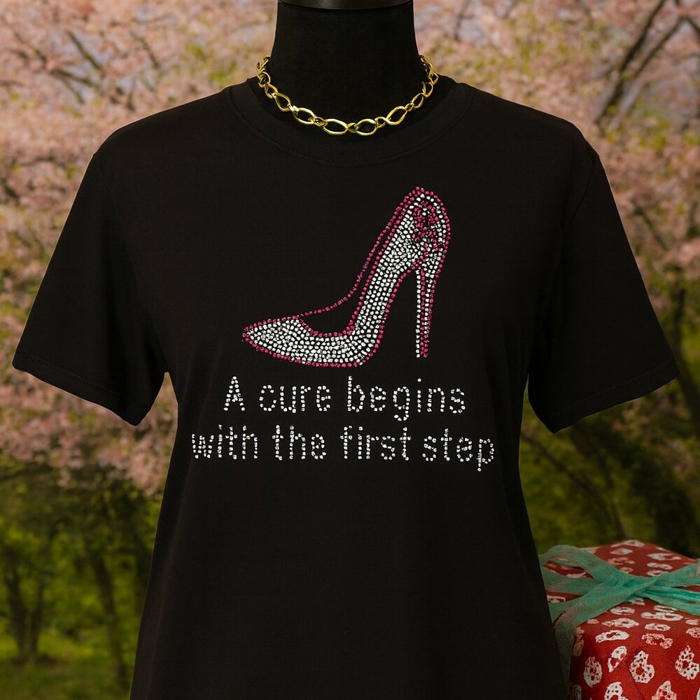 A Cure Begins with the First Step Pink Ribbon Rhinestone Shirt